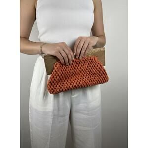 Macrame Boho Prariecore Crochet Wooden Frame Cotton Clutch Bag, OS